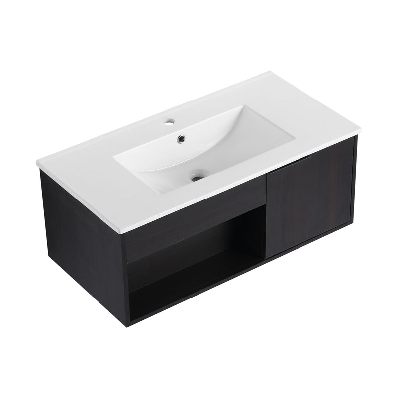 Wall Mounted Floating Bathroom Vanity With Open Shelf & Soft Close Door