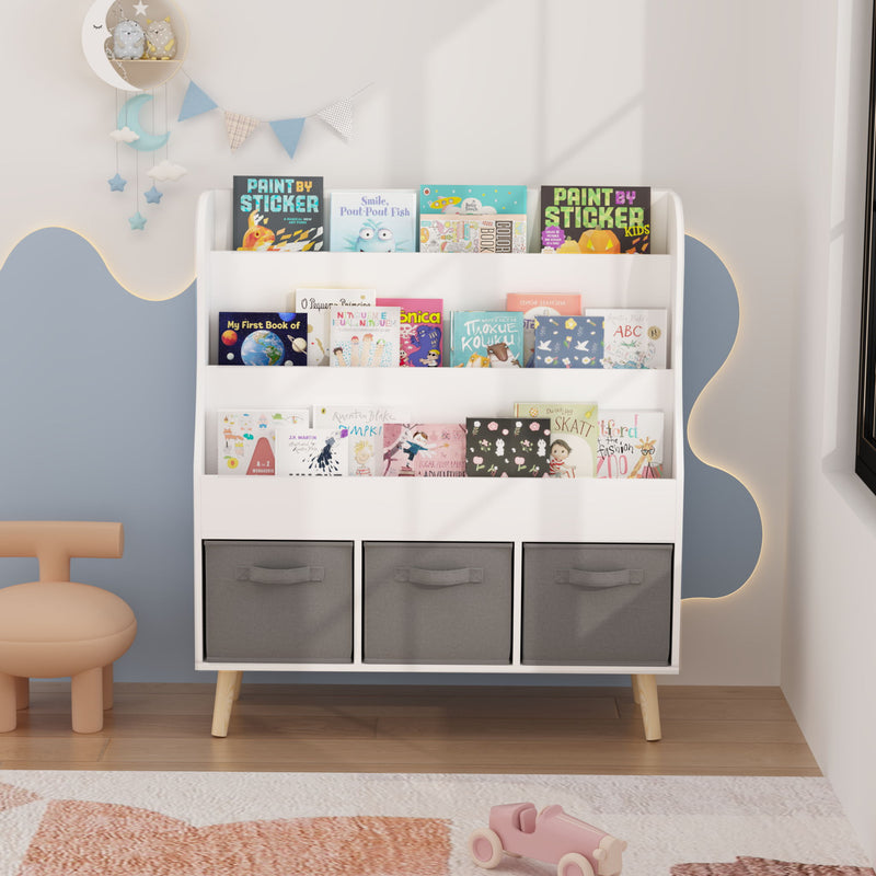 Bookshelf With 3 Bins, Storage Shelf For Toys And Books