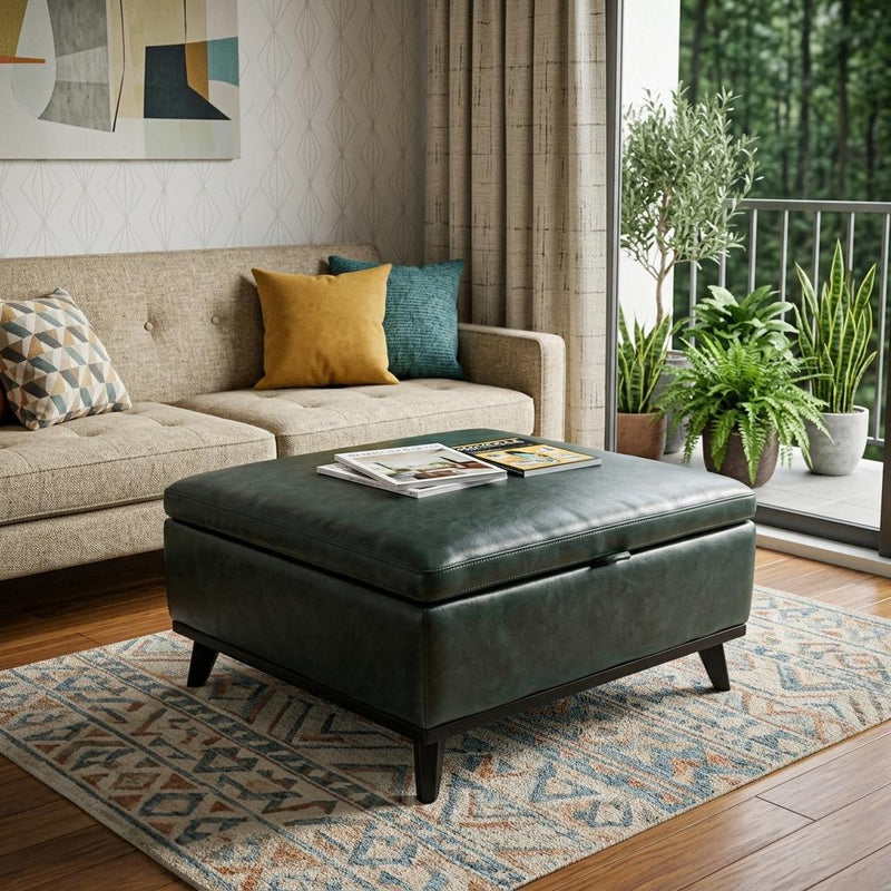 Faux Leather Ottoman With Storage - Blue And Black