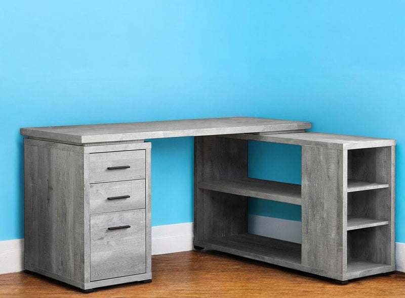 L Shape Computer Desk With Three Drawers - Gray