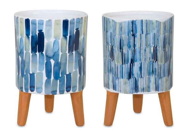 Round Raised Pot Planters (Set of 2) - Blue / Terra Cotta / White