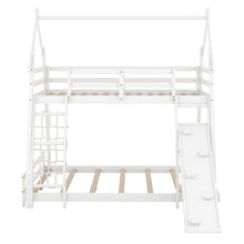 Load image into Gallery viewer, Twin over Queen House Bunk Bed with Climbing Nets and Climbing Ramp, White
