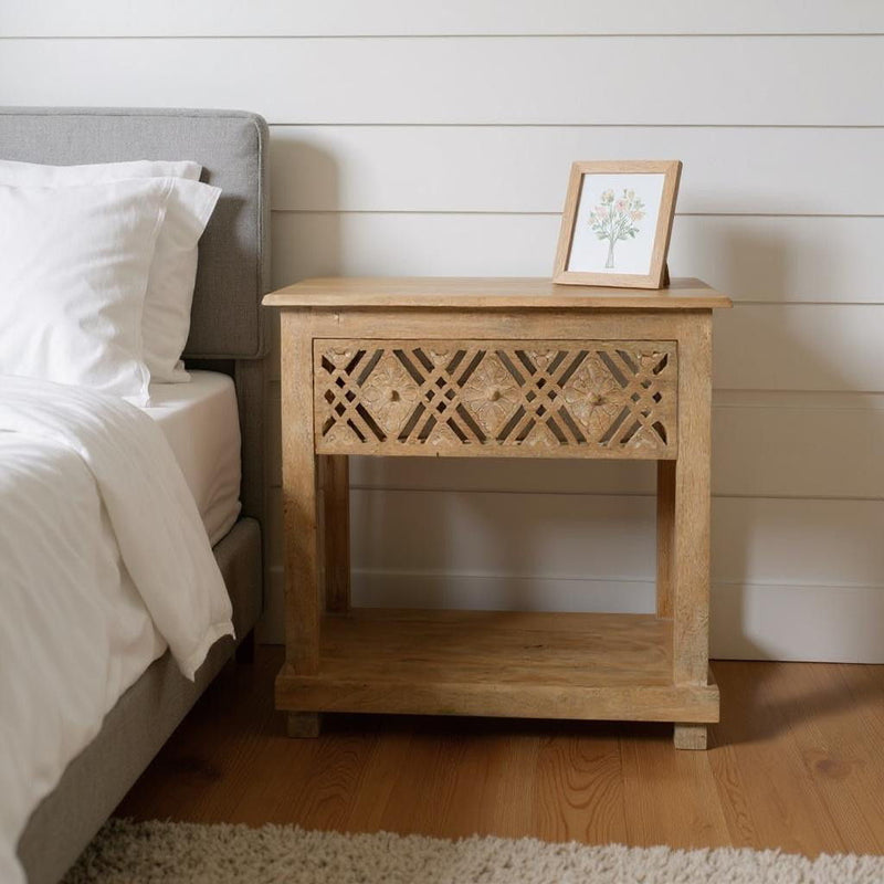 Solid Wood Carved Geometric One Drawer Nightstand - Natural