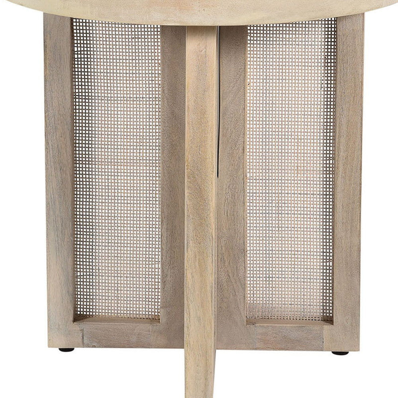 Solid Wood And Rattan Round End Table - Natural