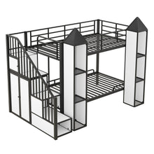 Load image into Gallery viewer, Metal Twin over Twin Castle-shaped Bunk Bed with Wardrobe and Multiple Storage, Black+White
