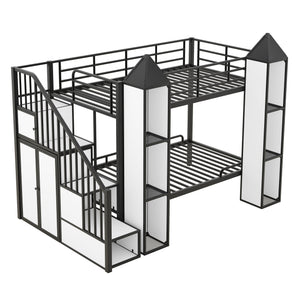 Metal Twin over Twin Castle-shaped Bunk Bed with Wardrobe and Multiple Storage, Black+White