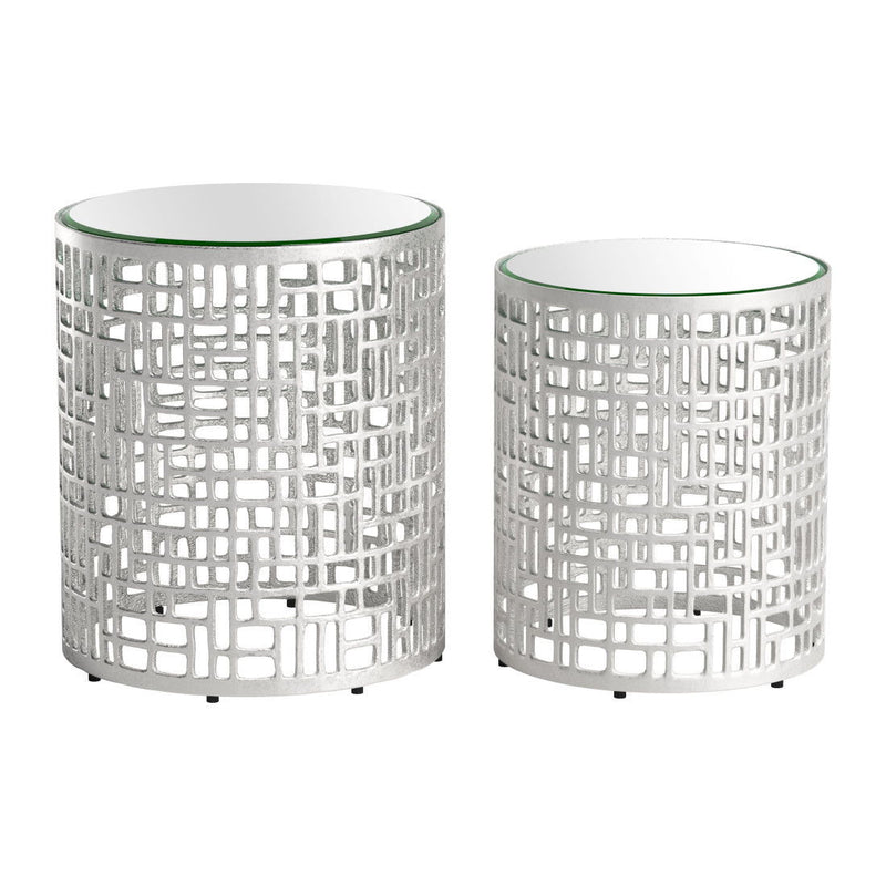 Mirrored Glass Aluminum Round Pedestal End Table - Silver