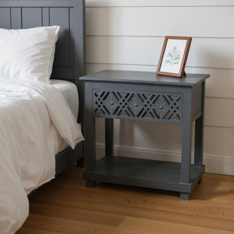 Solid Wood Distressed Carved Geometric One Drawer Nightstand - Gray