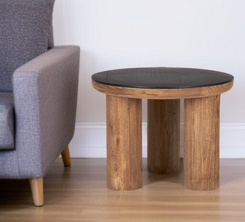 18" Reclaimed Wood Distressed Round End Table - Black