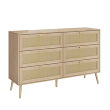 Load image into Gallery viewer, Rattan 6 Drawers Chest Of Dressers For Bedroom, Modern 6 Drawer Dresser, Wide Chest Of Drawers With Wood Handles, Rattan Dresser Storage Cabinet For Living Room, Bedroom, Hallway - Natural Wood / Oak

