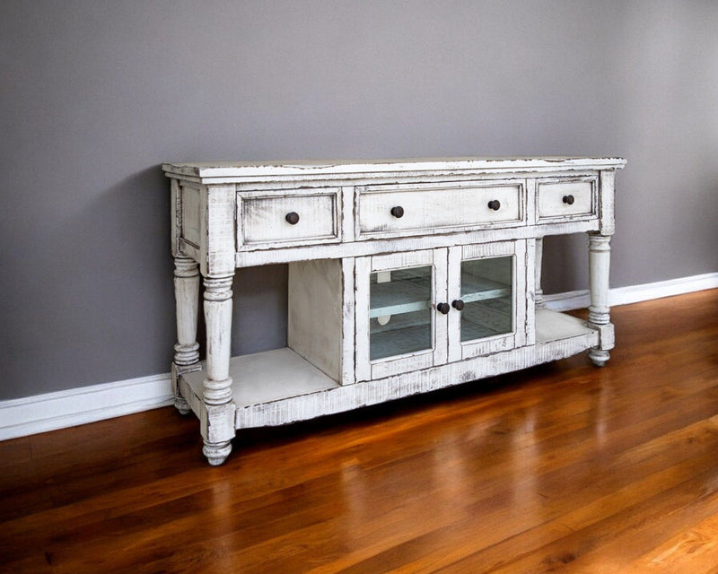 Solid Wood Open Shelving Distressed TV Stand - White