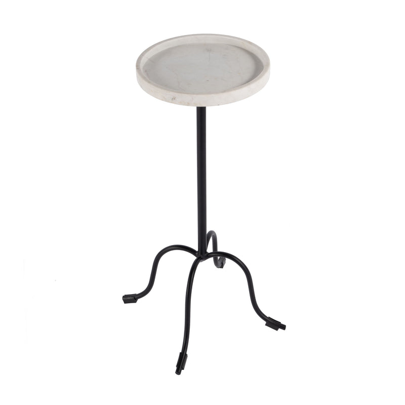 25" Marble And Iron Round Pedestal End Table - White And Black