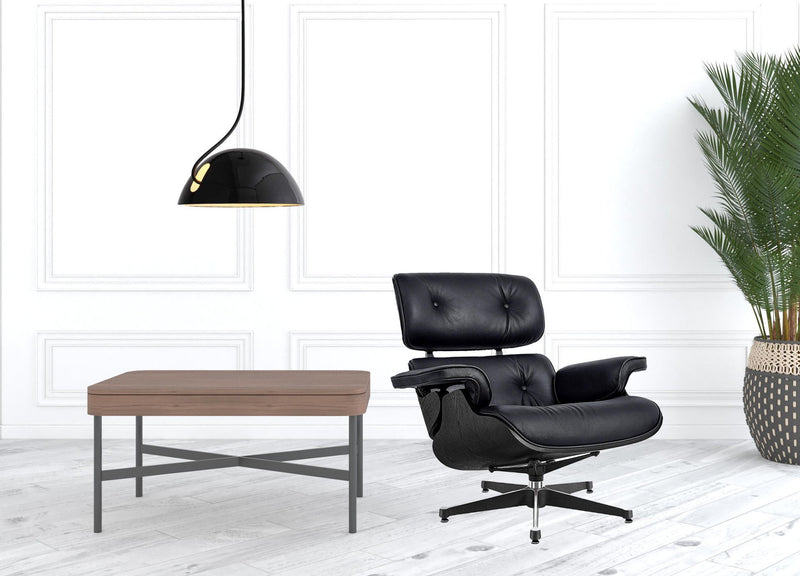 Tufted Genuine Leather Swivel Lounge Chair with Ottoman 35" - Black