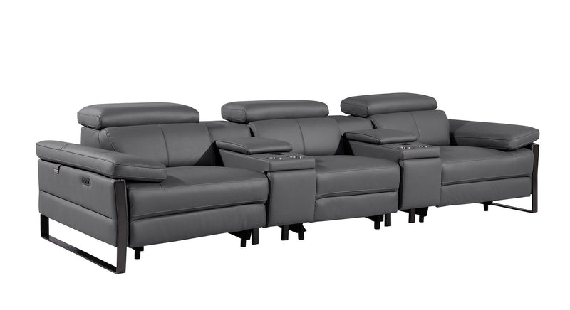 Top Grain Leather Reclining Metal USB Sofa (720340) - Dark Gray