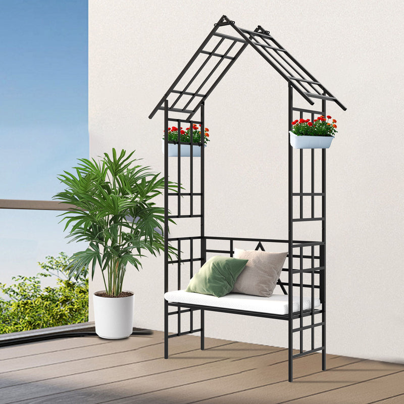 Garden Arch With Bench Turned Into Flower Stand Climbing Plants Support Outdoor - Black
