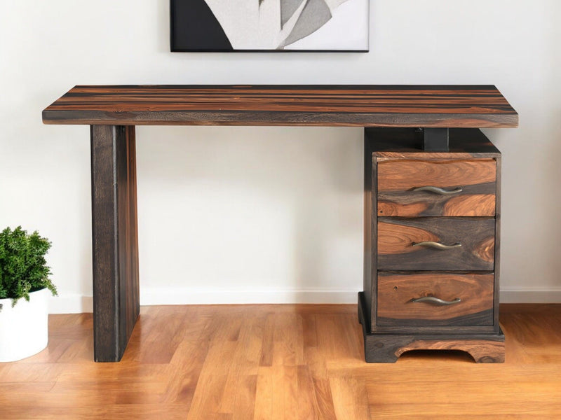 54" Solid Wood Writing Desk With Three Drawers - Dark Brown And Light Brown