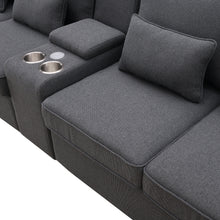 Load image into Gallery viewer, [VIDEO provided] [New] 114.2&quot; Upholstered Sofa with Console, 2 Cupholders and 2 USB Ports Wired or Wirelessly Charged, Modern Linen Fabric Couches with 4 Pillows for Living Room, Apartment (4-Seat)
