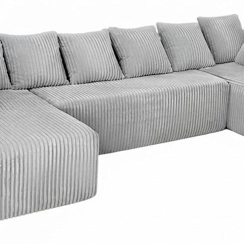 Corduroy Modular U Shaped Three Piece Sofa And Chaise Sectional With Console And Toss Pillows - Gray