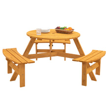 Load image into Gallery viewer, 6-Person Circular Outdoor Wooden Picnic Table for Patio, Backyard, Garden, DIY w/ 3 Built-in Benches, 1720lb Capacity - Natural
