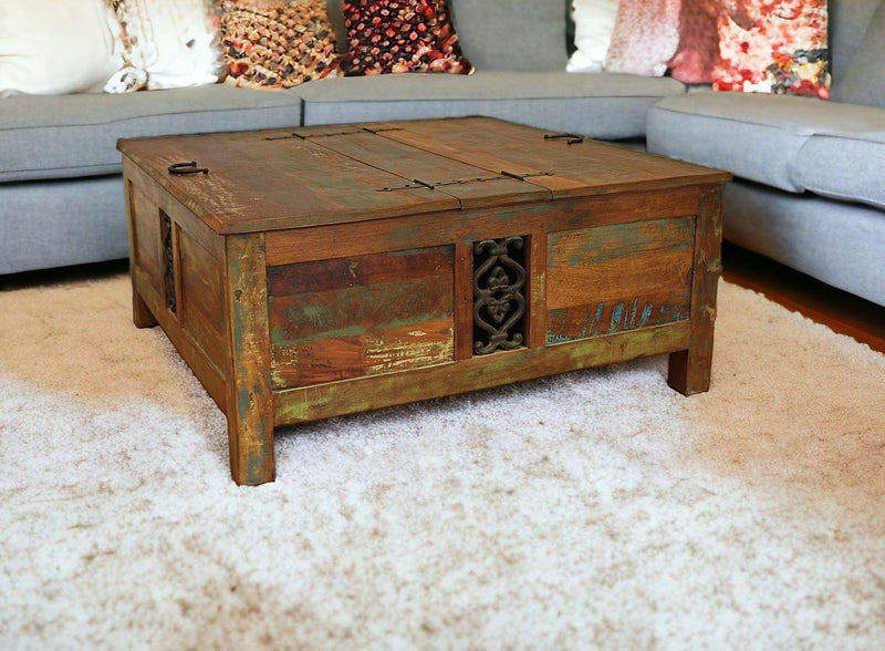 Reclaimed Wood Square Lift Top Coffee Table - Rustic Brown