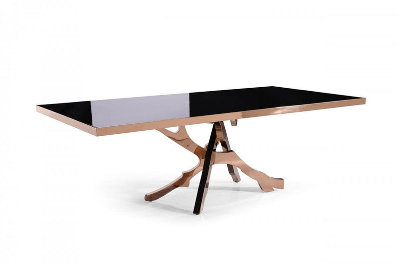 87" Glass And Stainless Steel Pedestal Base Dining Table - Black / Gold