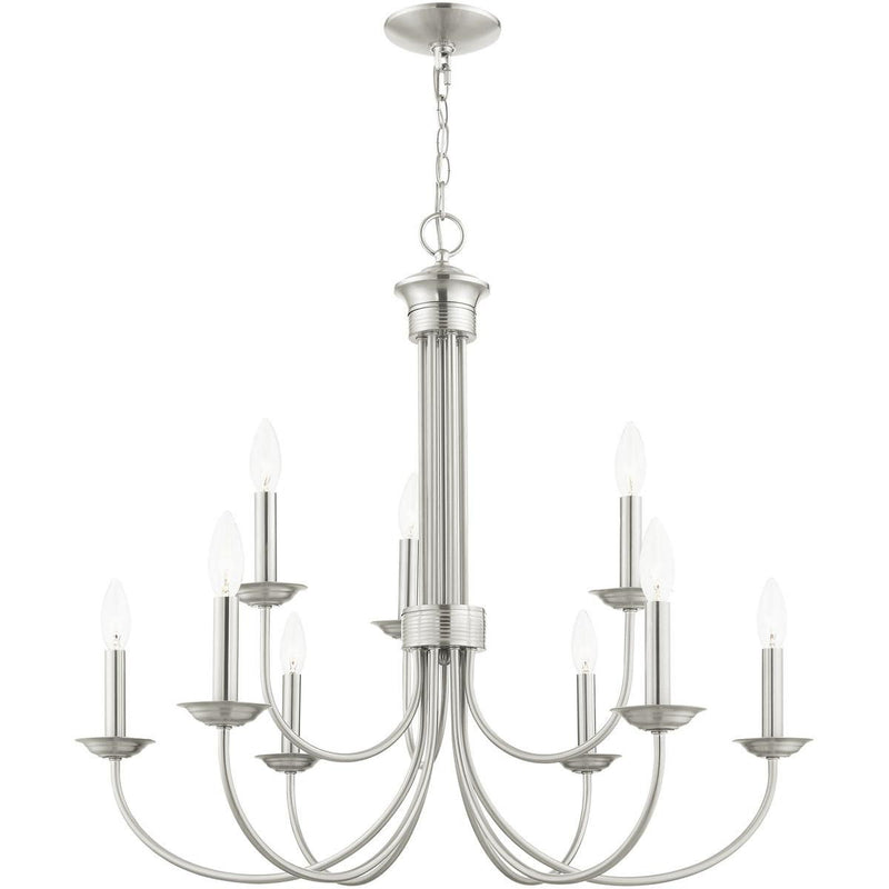 27" Nine Light Dimmable Chandelier With Shades - Nickel