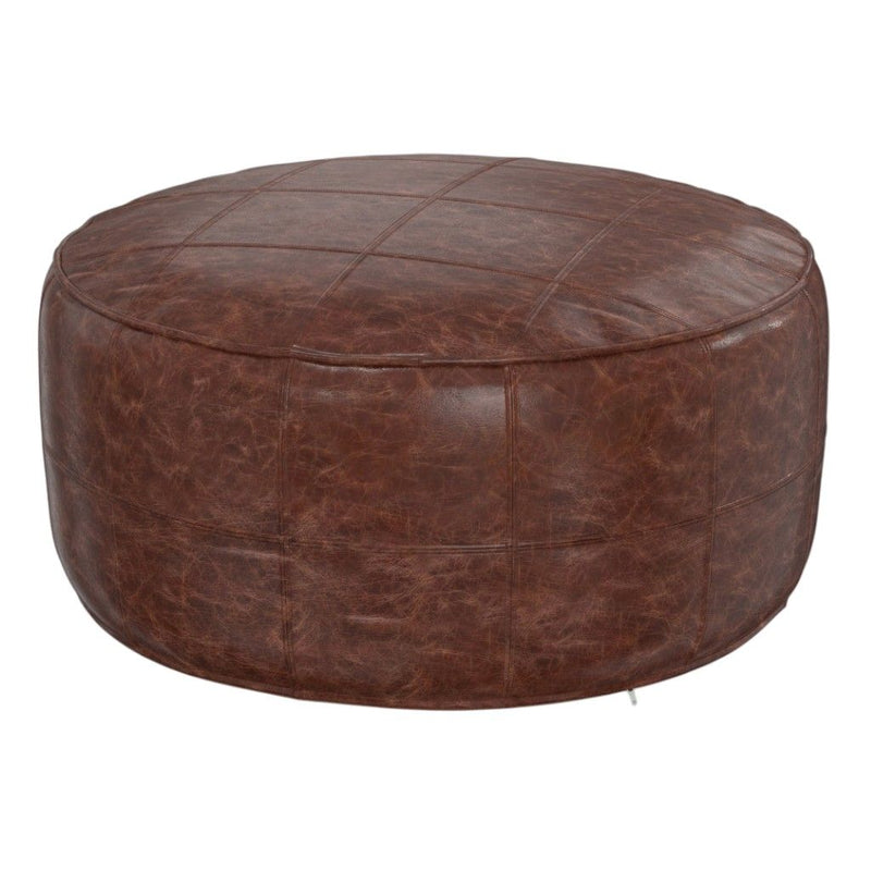 34" Leather Round Pouf Ottoman - Brown