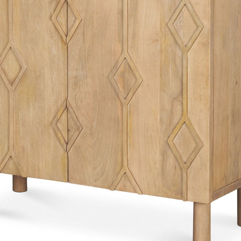 36" Solid Wood Carved Geometric Accent Cabinet With Two Doors - Natural