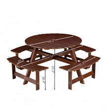 Load image into Gallery viewer, 8 Person Round Picnic Table With 4 Built In Benches, Umbrella Hole For Garden - Brown
