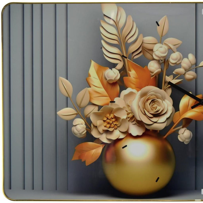 Silent Analog Floral Wall Clock - Beige / Gold / Gray