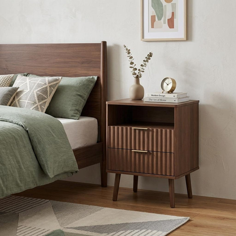 Wood Ribbed Texture Two Drawer Nightstand - Brown