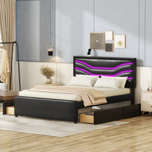 Load image into Gallery viewer, Queen Size Upholstered Storage Platform Bed with LED, 4 Drawers and USB Charging, Black
