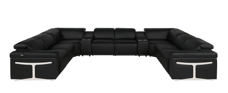 Italian Leather Power Reclining U Shaped Ten Piece Corner Sectional With Console - Black