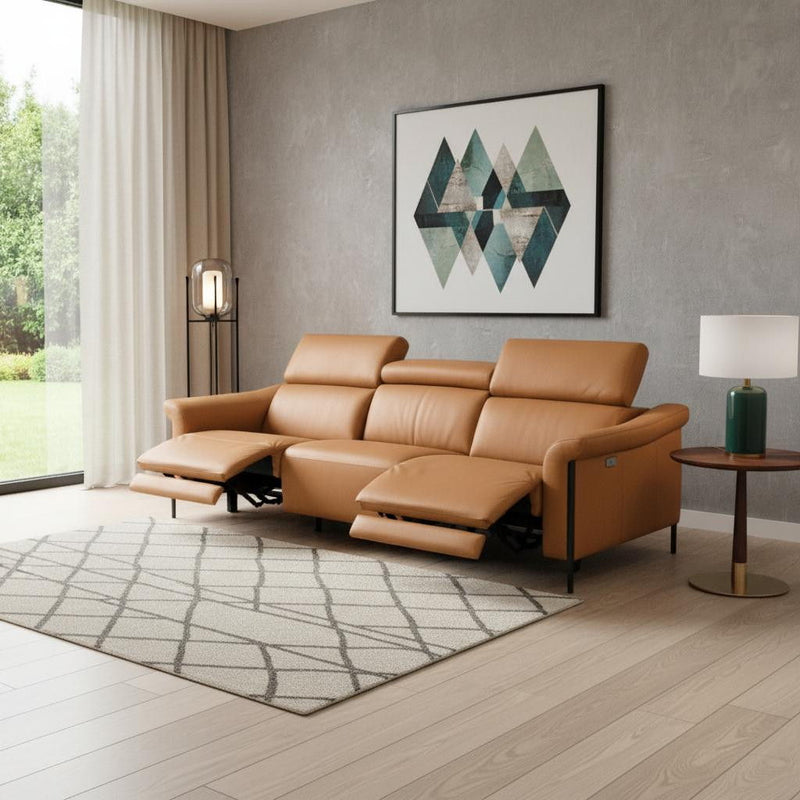 Leather Reclining Wood USB Sofa - Camel