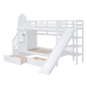 Twin-Over-Twin Castle Style Bunk Bed with 2 Drawers 3 Shelves and Slide - White