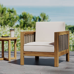 Outdoor Acacia Wood Club Chair with Wicker Accents, Teak Finish + Mixed Brown + Beige, 30.25"D x 27.5"W x 23.75"H