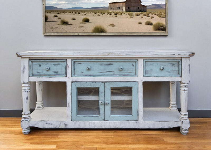 Open Shelving Distressed TV Stand - Blue / White