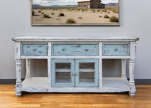 Load image into Gallery viewer, Open Shelving Distressed TV Stand - Blue / White
