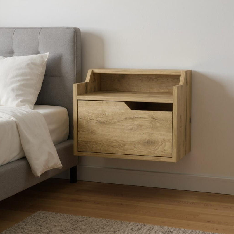 15.7" x 13.3" x 12.9" One Drawer Faux Wood Floating Nightstand - Light Brown