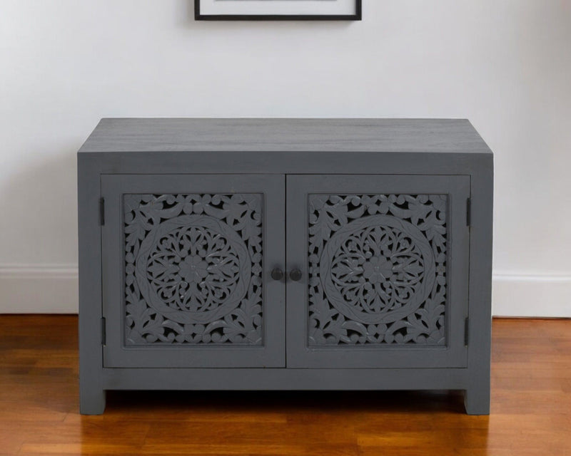 30" Distressed Solid Wood Textured Door Accent Cabinet With Two Doors - Black