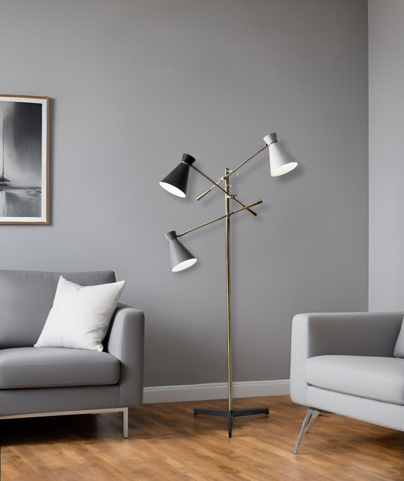 Three Arm Adjustable Floor Lamp In Brass Metal With Shades - Gray / Black And White