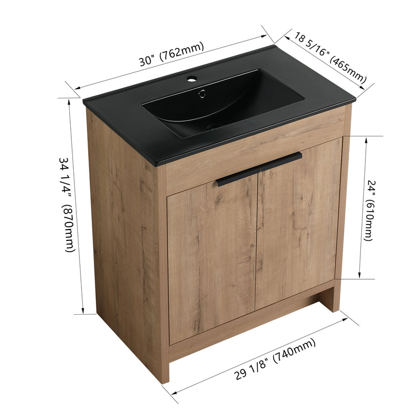 30" Freestanding Bathroom Cabinet With Basin & 2 Soft Close Doors - Imitative Oak