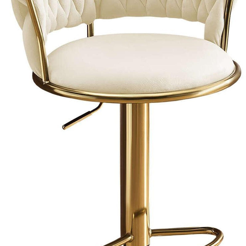 Velvet And Metal Low Back Adjustable Height Swivel Bar Chair - Beige And Gold