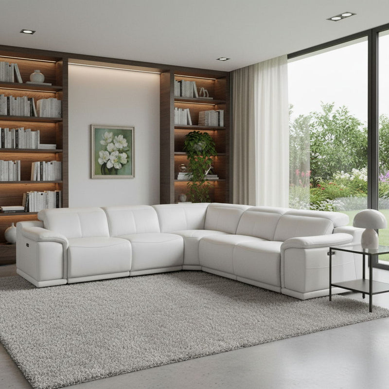 Italian Leather Power Reclining L-Shaped Five Piece Corner Sectional - White