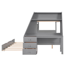 Load image into Gallery viewer, Twin over Full Bunk Bed with Trundle and Built-in Desk, Three Storage Drawers and Shelf,Gray
