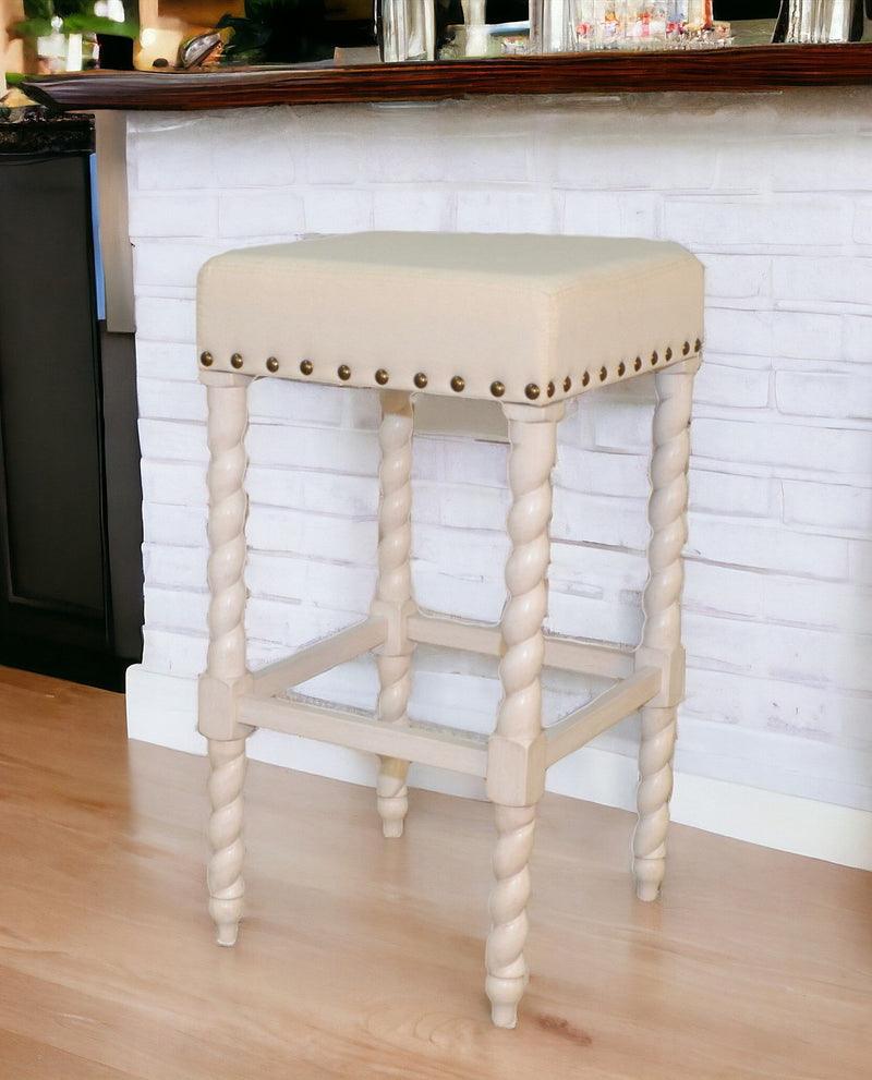 Faux Leather And Solid Wood Backless Bar Height Chair With Footrest 30" - Cream