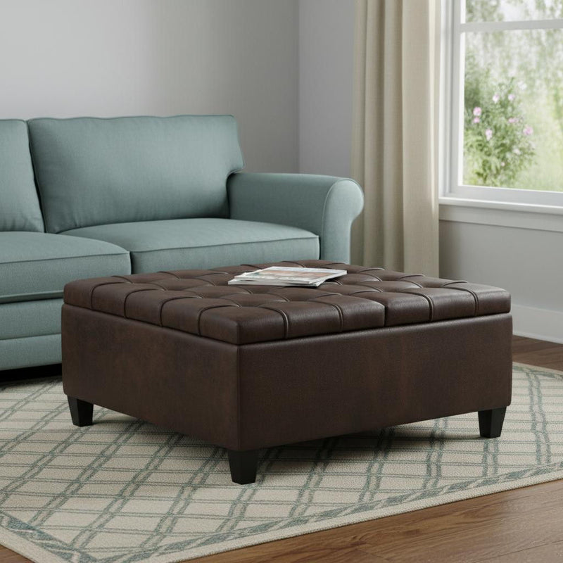 36" Leather Cocktail Ottoman With Storage - Brown / Espresso