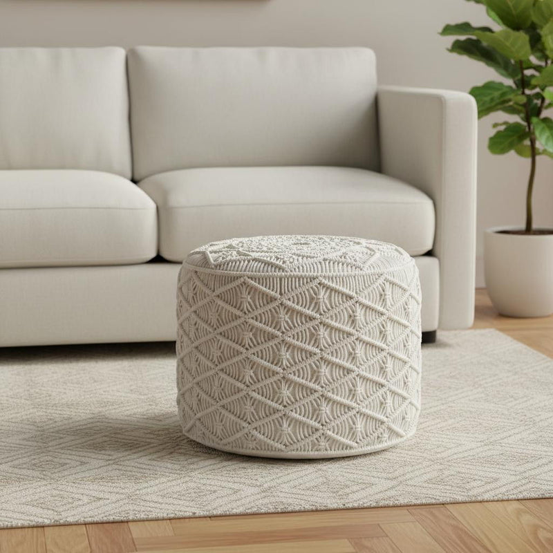Cotton Round Pouf Ottoman - Off White