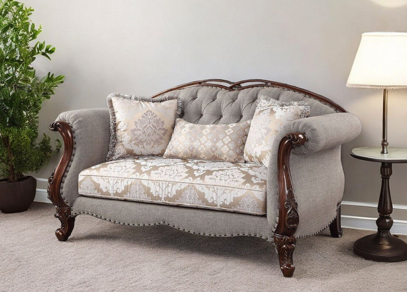 Brown Linen Loveseat And Toss Pillows - Beige / Dark
