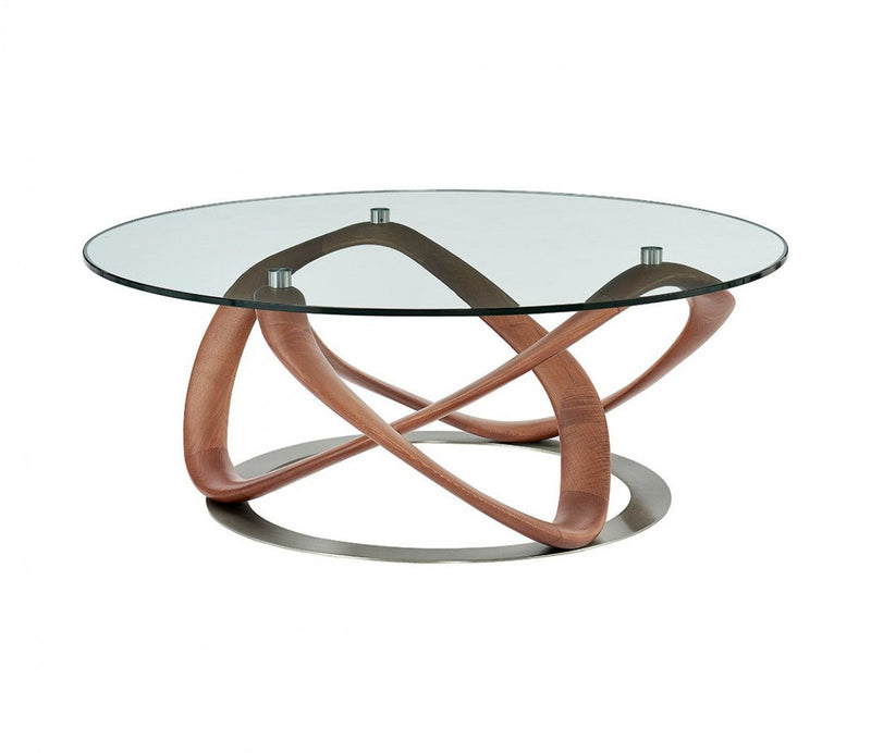 39" Glass And Solid Wood Round Coffee Table - Clear And Brown